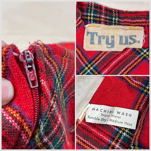 Vintage 1970s Red Tartan Plaid A-Line Pinafore Jumper Dress - Picture 5 of 7